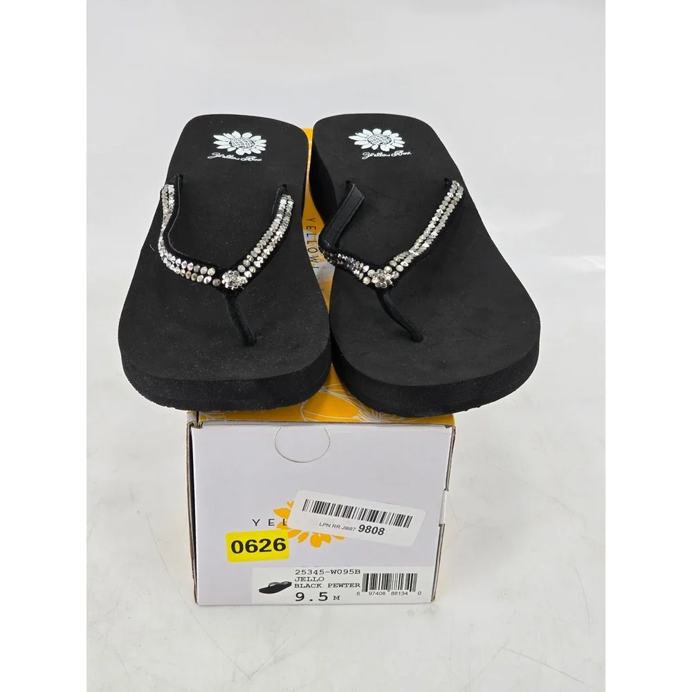 Yellow Box Jello Sandals Womens 9.5 Black Pewter Rhinestone Wedge - Excellent